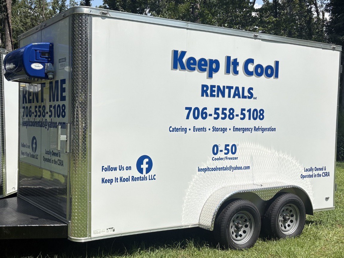 Side view of the 7 by 14 foot Keep It Cool refrigerated rental trailer